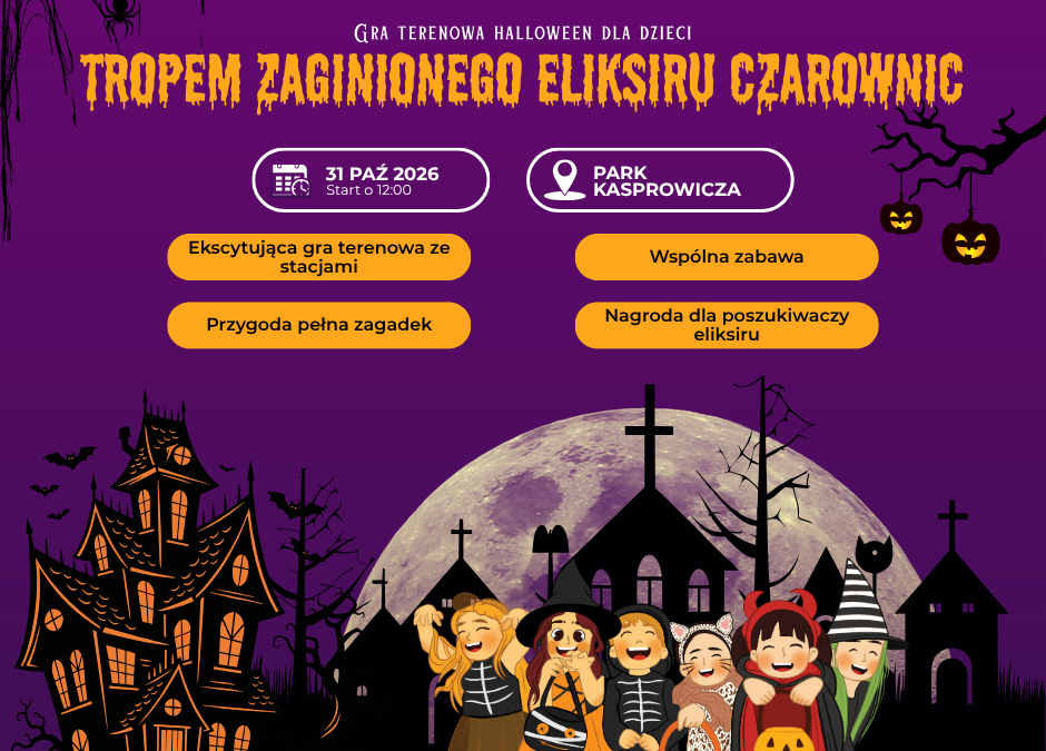 Halloweenowa gra terenowa w Szczecinie rodzinna przygoda w Parku Kasprowicza.