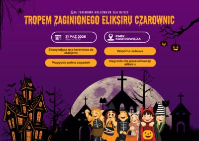 Halloweenowa gra terenowa w Szczecinie rodzinna przygoda w Parku Kasprowicza.